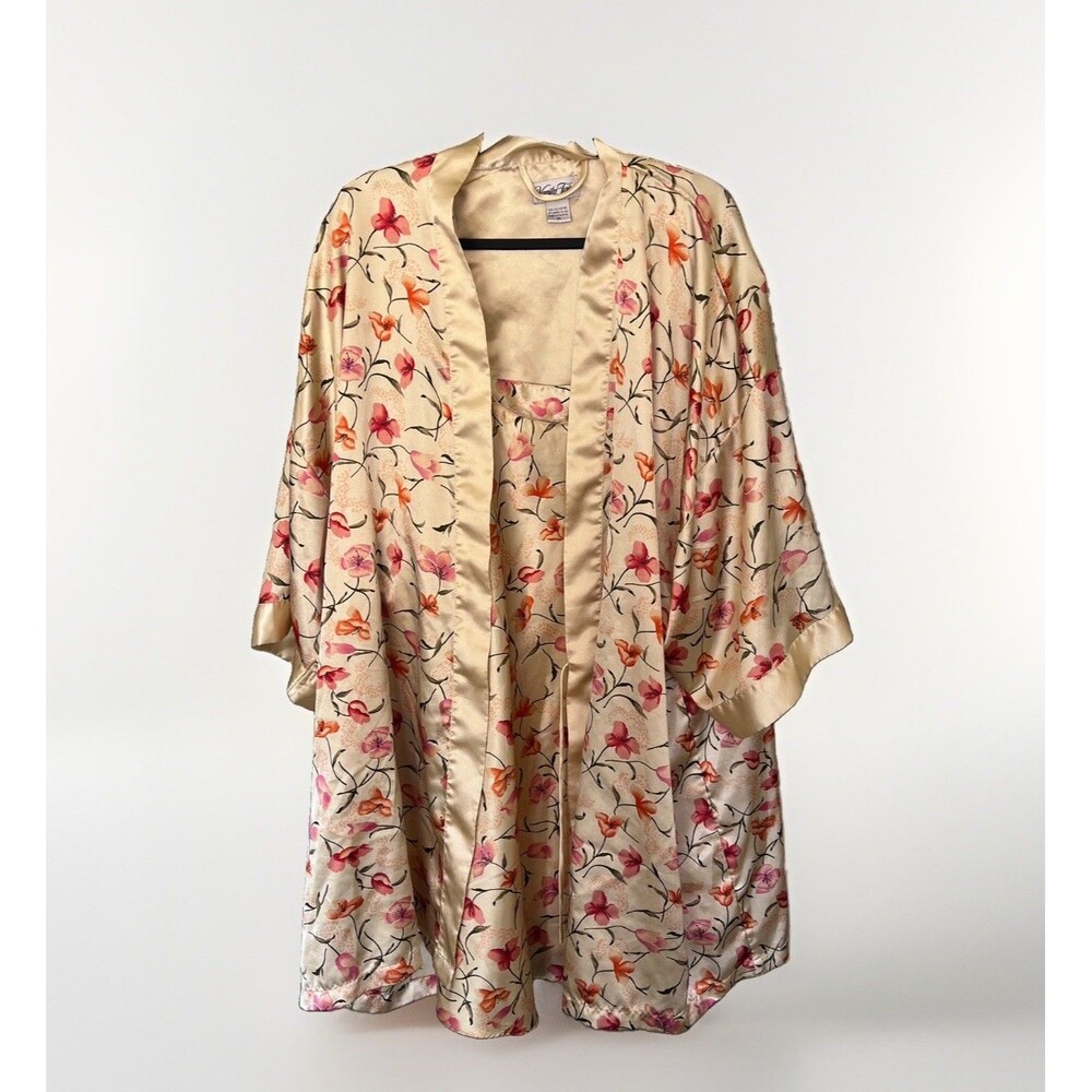 Vintage 90s VANITY FAIR Womens 3X pink Floral Satin Chemise & Robe Peignoir Set